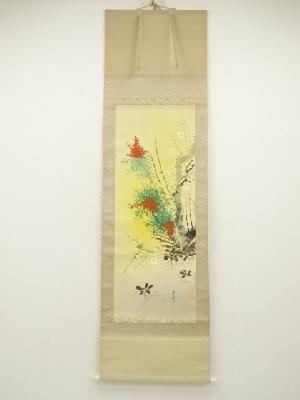 青雲筆　梅南天花鳥図　肉筆絹本掛軸（箱付）